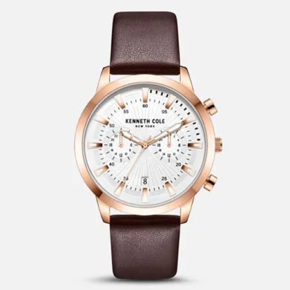 Kenneth Cole Watch NEW W/ TAGS Rose Gold Watch Case w/ White Face Brown Leather